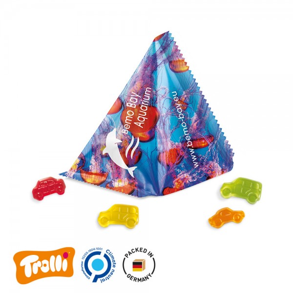 Fruchtgummi Tetraeder Folie, weiß Trolli Fruchtgummi Auto-Mischung, bunt gemischt, 10% Fruchtsaft