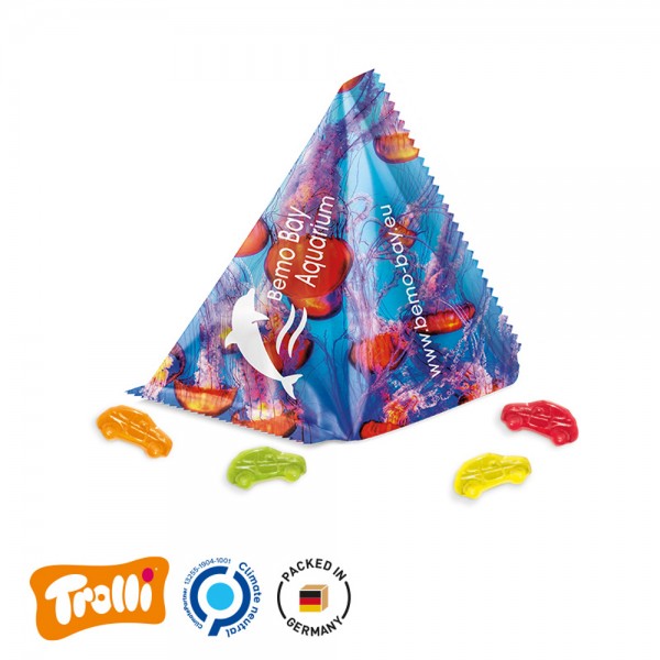 Fruchtgummi Tetraeder Folie, weiß Trolli Fruchtgummi Autos, bunt gemischt, 10% Fruchtsaft