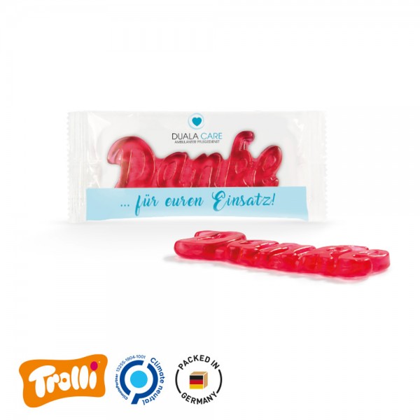 Fruchtgummi 1er Folie, transparent Trolli Fruchtgummi Danke 1er, rot, Erdbeergeschmack 10%Fruchtsaft