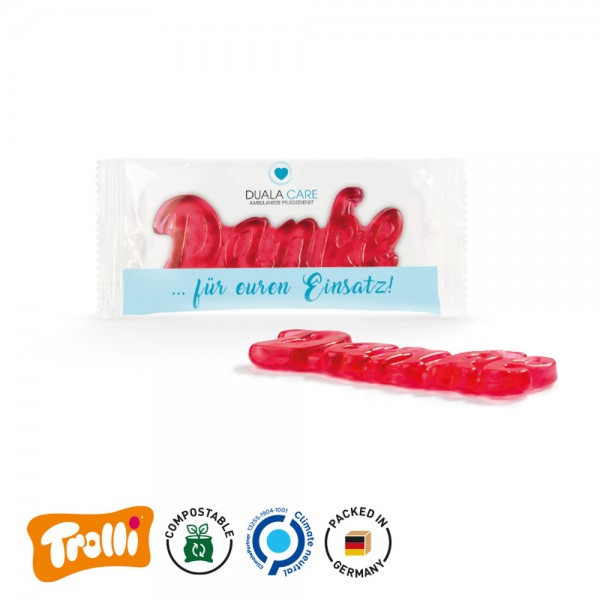 Fruchtgummi 1er kompostierbare Folie, transparent Trolli Fruchtgummi Danke 1er, rot, Erdbeergeschmac