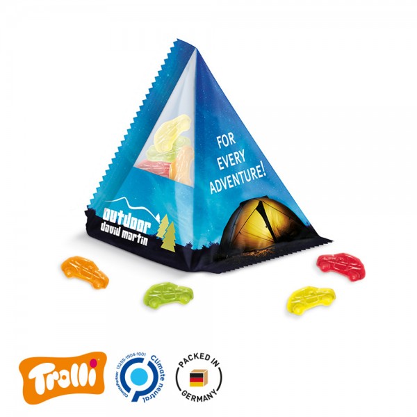 Fruchtgummi Tetraeder Folie, transparent Trolli Fruchtgummi Autos, bunt gemischt, 10% Fruchtsaft