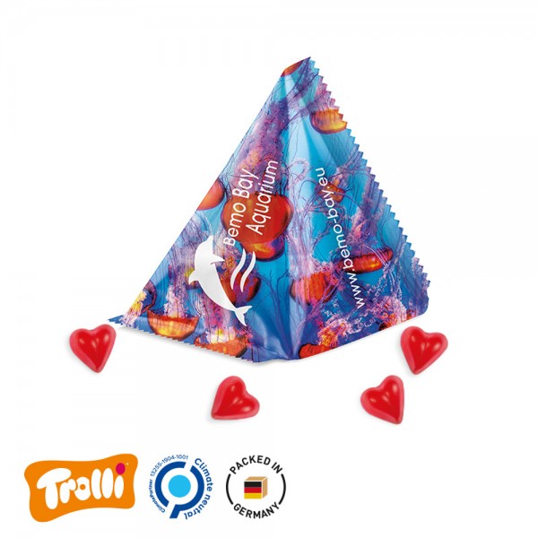 Fruchtgummi Tetraeder Folie, weiß Trolli Fruchtgummi Herz rot, mini, Erdbeergeschmack, 10% Fruchtsaf