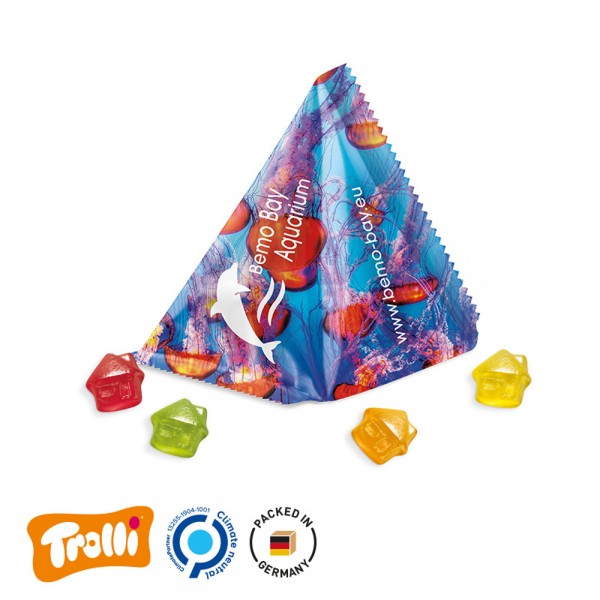 Fruchtgummi Tetraeder Folie, weiß Trolli Fruchtgummi Haus, bunt gemischt, 10% Fruchtsaft